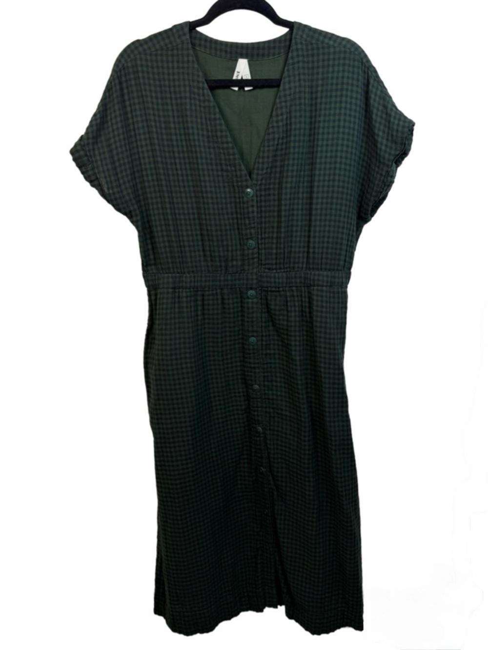 Pact organic cotton Button-Front Maxi Dress in Dark Green Check
